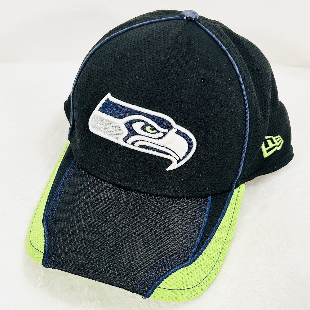 New Era Seattle Seahawks Pipe 39THIRTY Stretch Flex Hat‎ Cap M/L Blue NFL